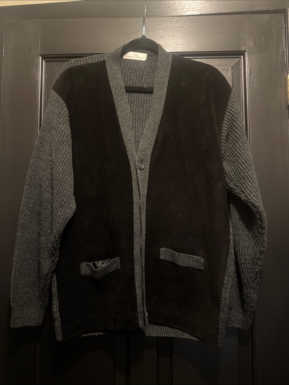 Marks & Spencer Black Suede-Front Cardigan with Gray Knit Sleeves